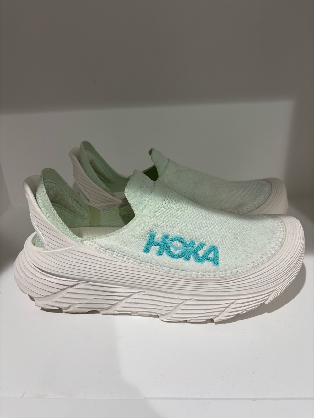 Hoka Slip-On Athletic Shoes in Mint and White with Teal Logo